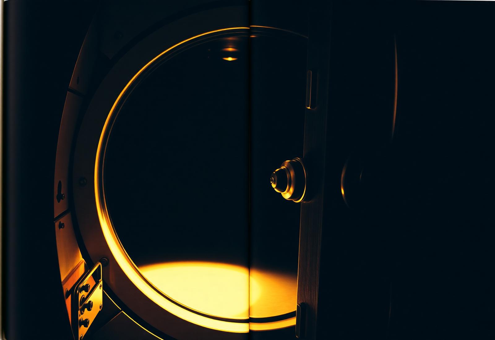 Geöffnete Tresortür mit goldenem Licht im Inneren